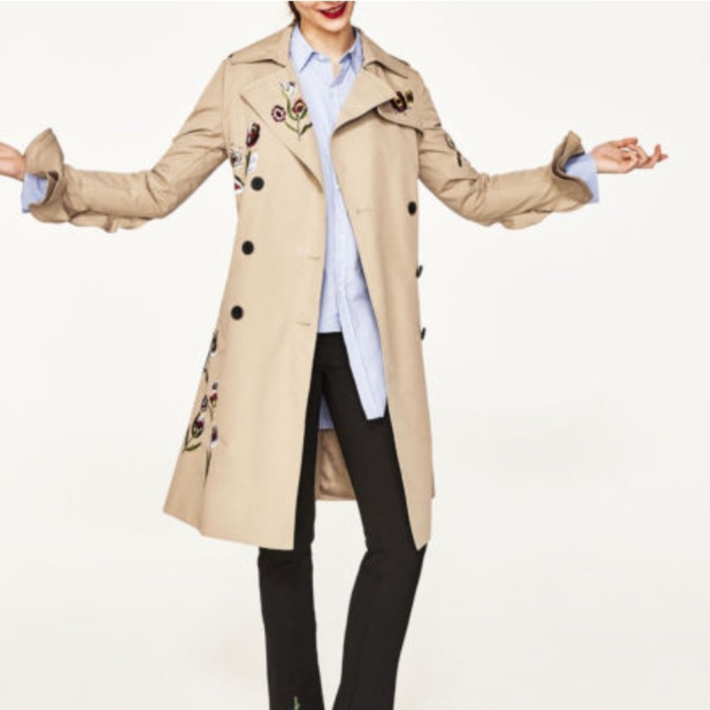 NWT LIMITED ZARA EMBROIDERED TRENCH COAT RUFFLED